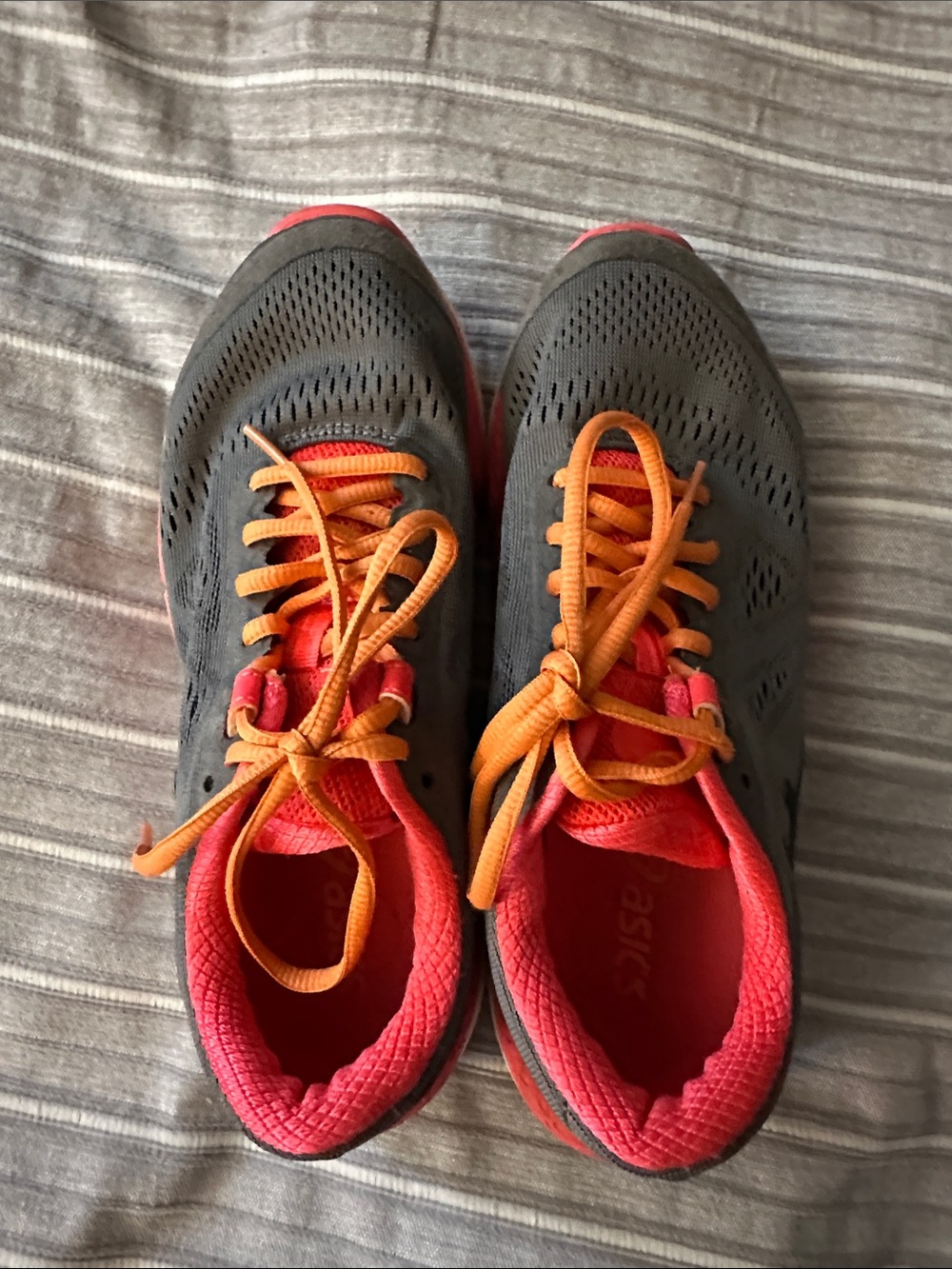 Asics Grey Sneakers with Coral Interior and Orange Laces